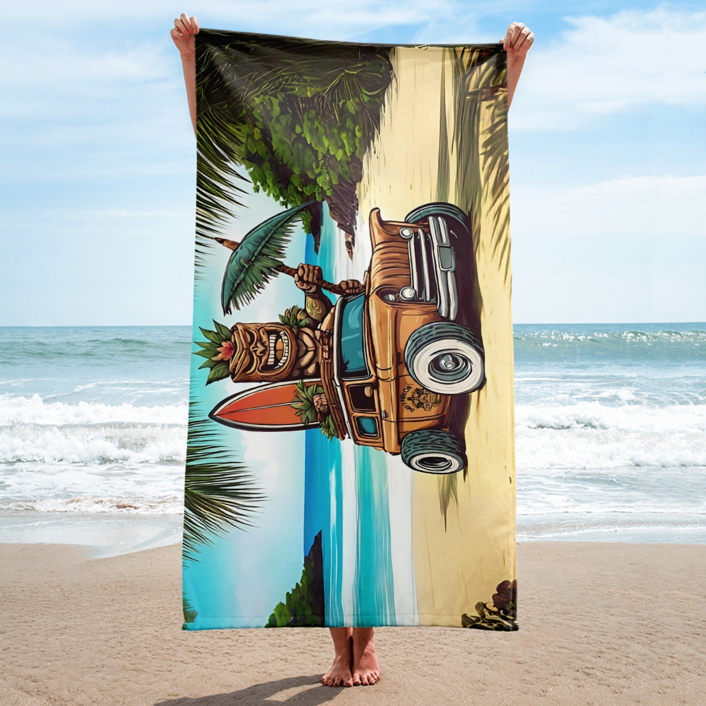 Tork the Tiki Hot Rodder Beach Towel